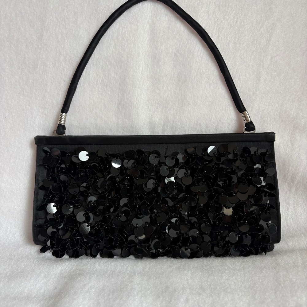 Valerie Stevens Black Satin Sequin Y2K Evening Bag Clutch Shoulder Bag